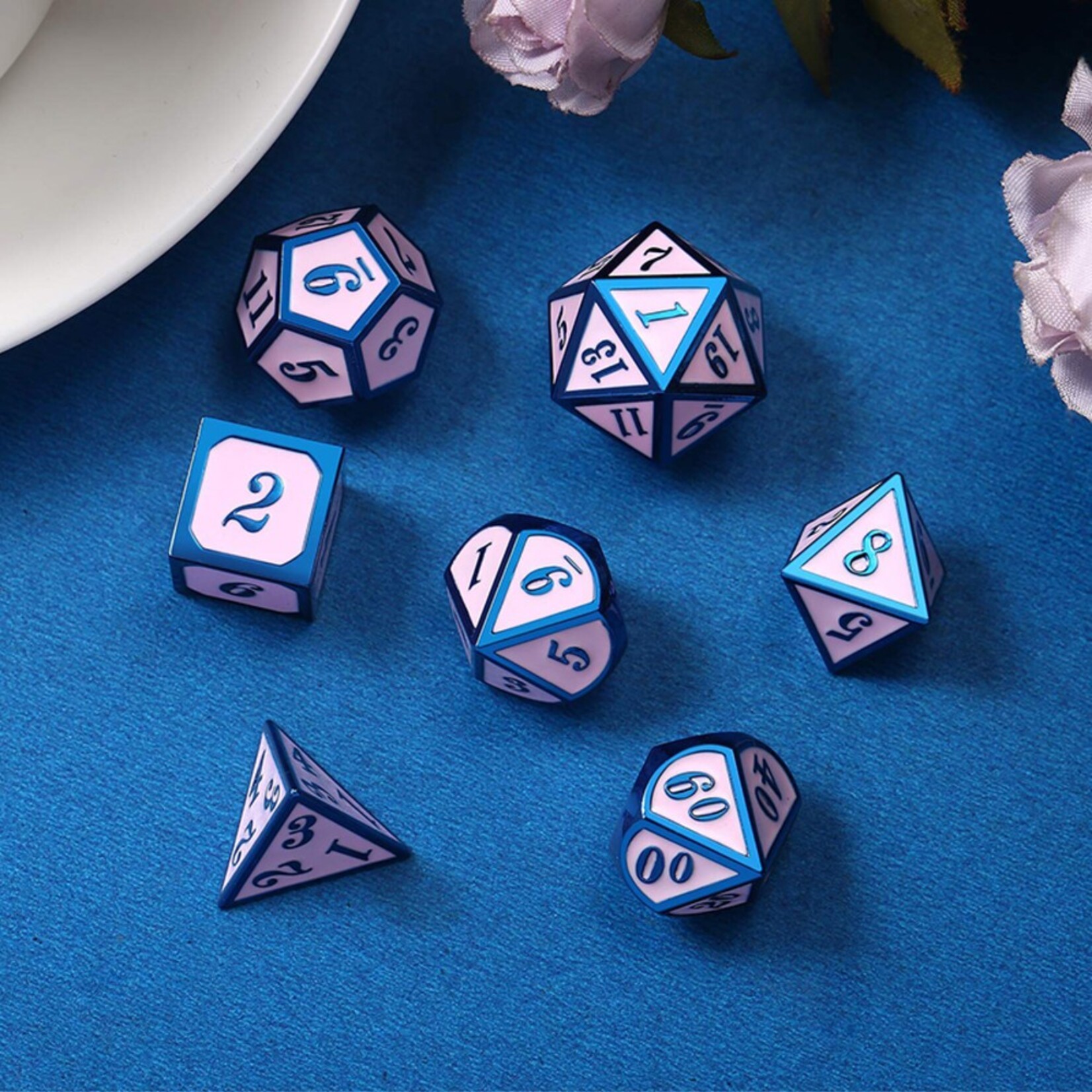 Dice Habit Dice Habit Pink with Blue Metal Polyhedral 7 die set