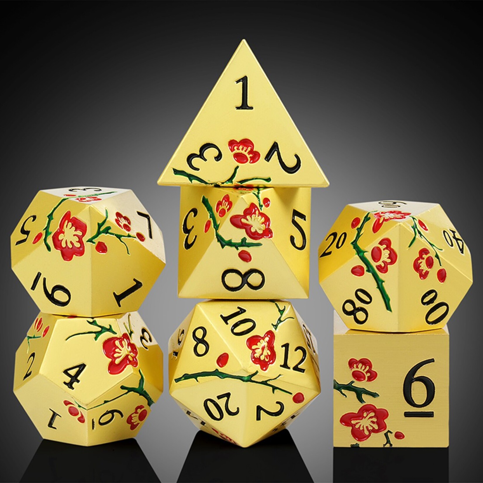 Dice Habit Dice Habit Sakura Gold and Red Metal and Enamel Polyhedral 7 die set