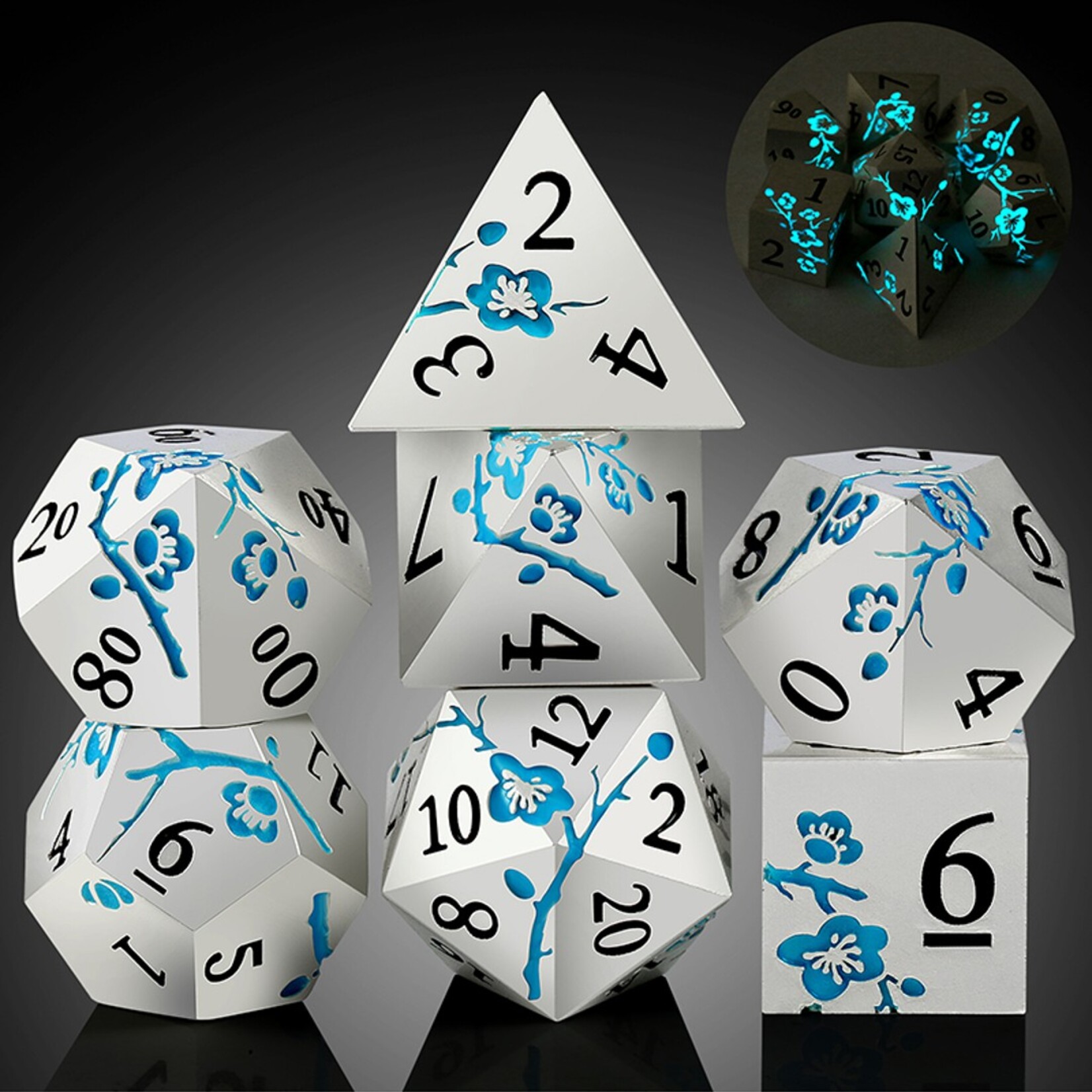 Dice Habit Dice Habit Sakura Silver and Blue GLOW Metal and Enamel Polyhedral 7 die set