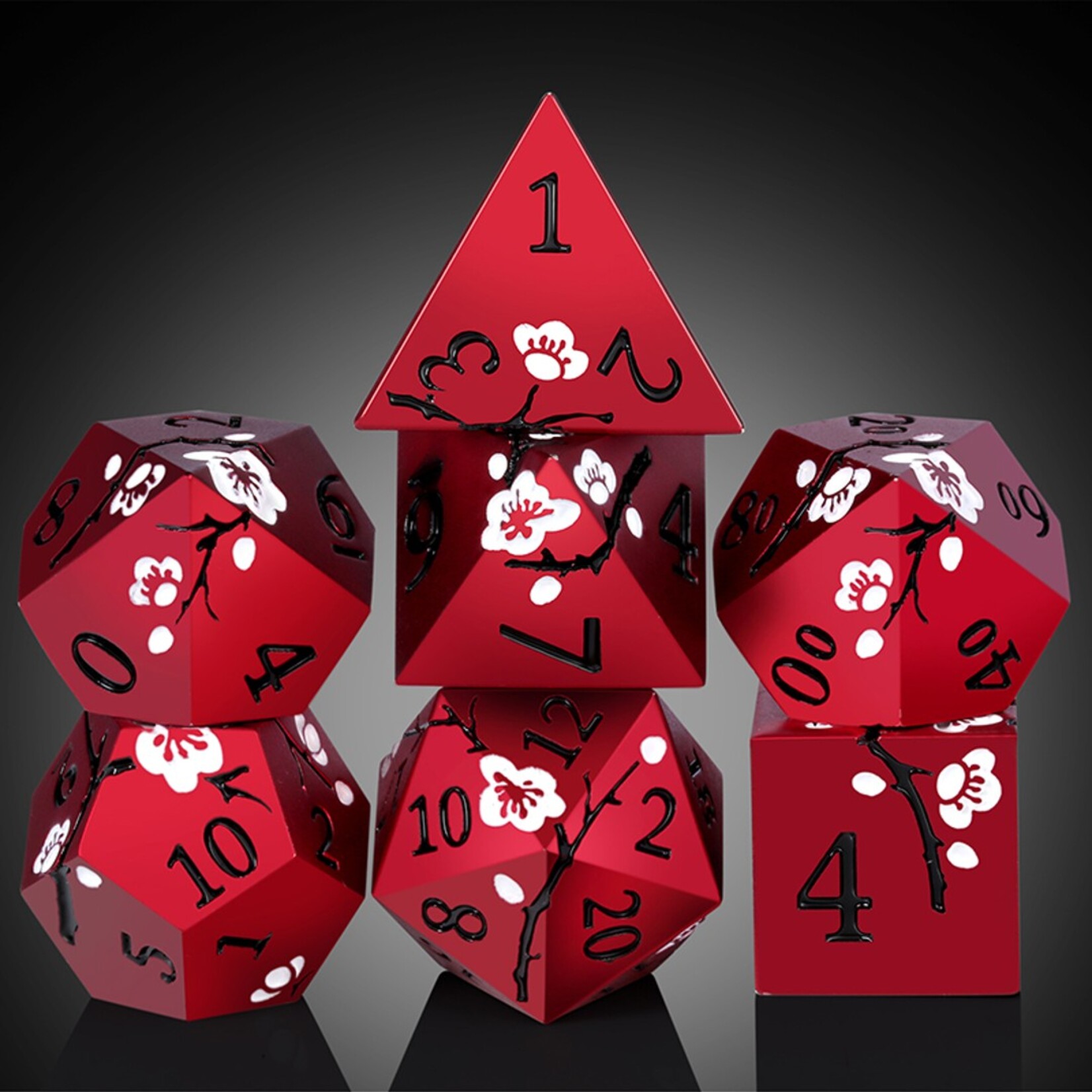 Dice Habit Dice Habit Sakura Red Metal and Enamel Polyhedral 7 die set