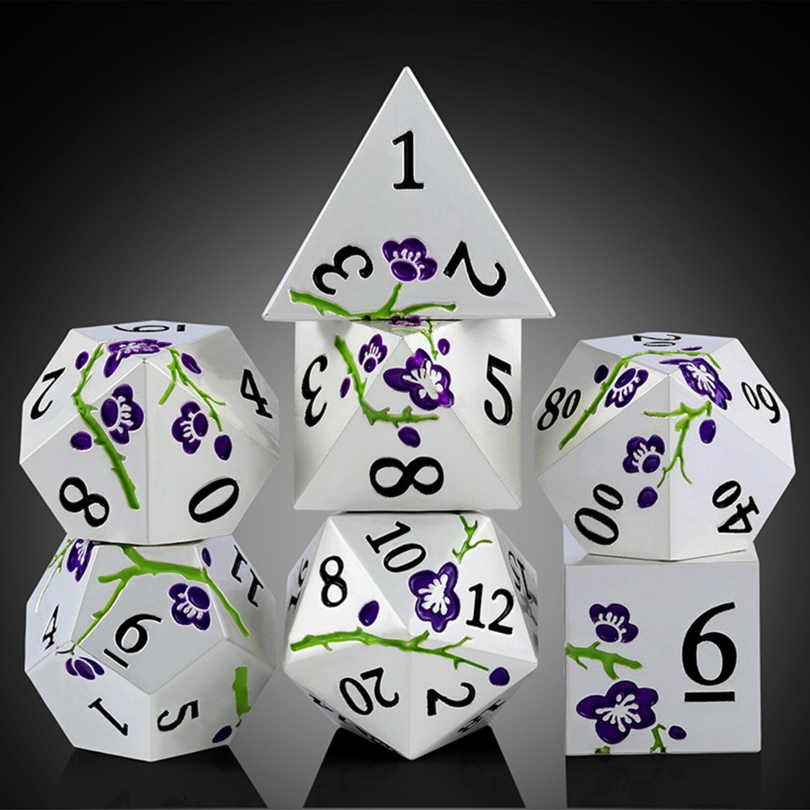 Dice Habit Dice Habit Sakura Silver and Purple Metal and Enamel Polyhedral 7 die set