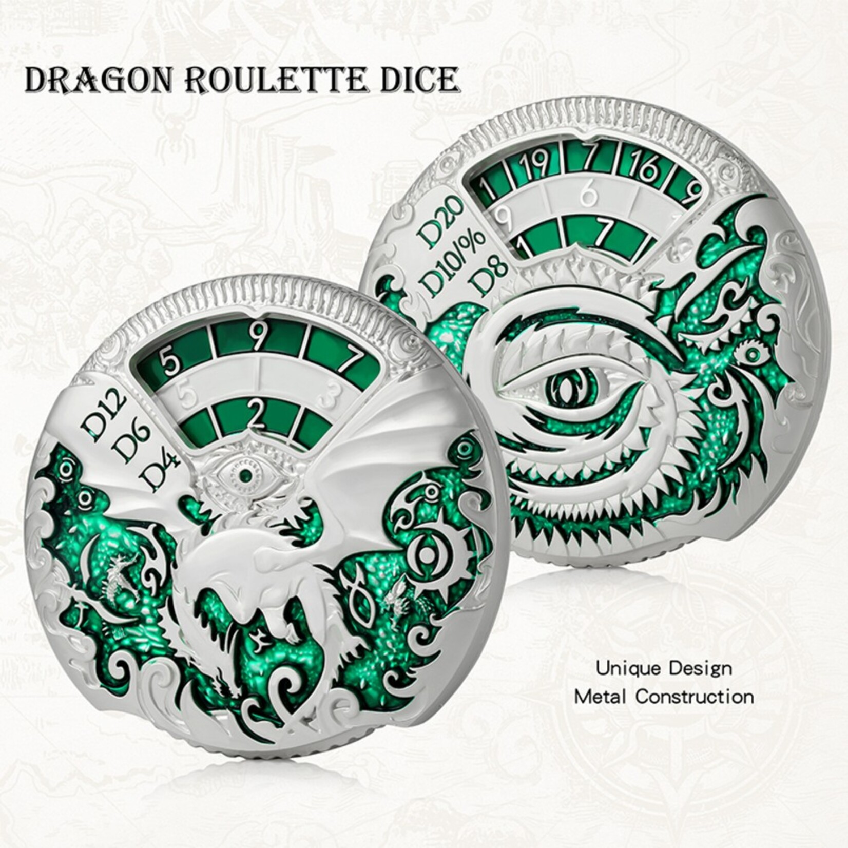Dice Habit Dice Habit Dragon Roulette Spinner Dice Green and Silver