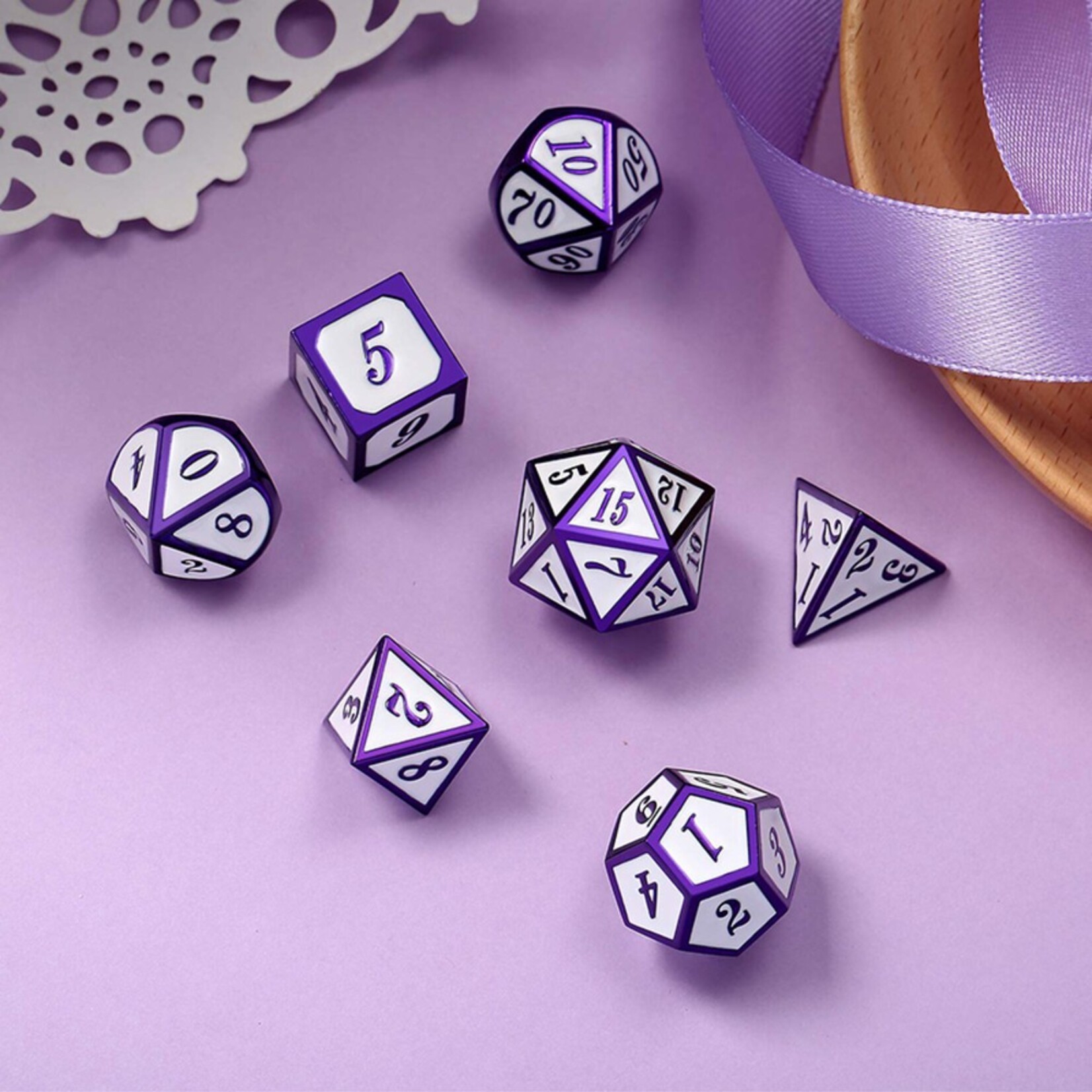 Dice Habit Dice Habit White with Purple Metal Polyhedral 7 die set
