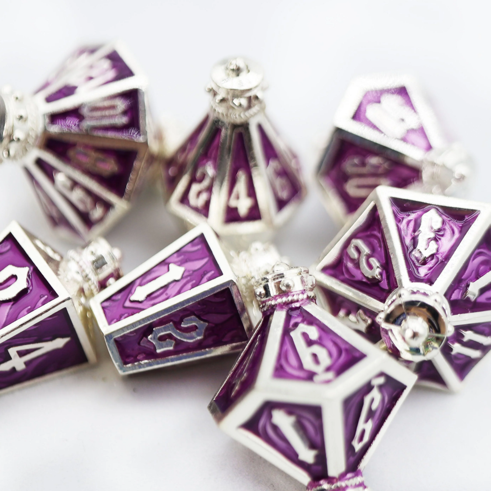 Foam Brain Games Moonlit Lantern Silvered Voidfire Metal RPG dice 7 die set