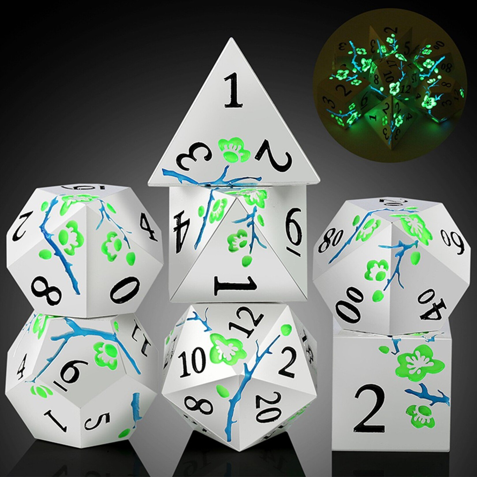 Dice Habit Dice Habit Sakura Silver and Green GLOW Metal and Enamel Polyhedral 7 die set