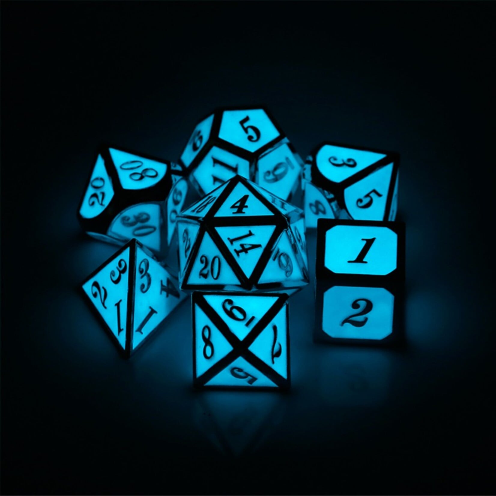 Dice Habit Dice Habit Glow in the Dark Blue with Silver Metal Polyhedral 7 die set