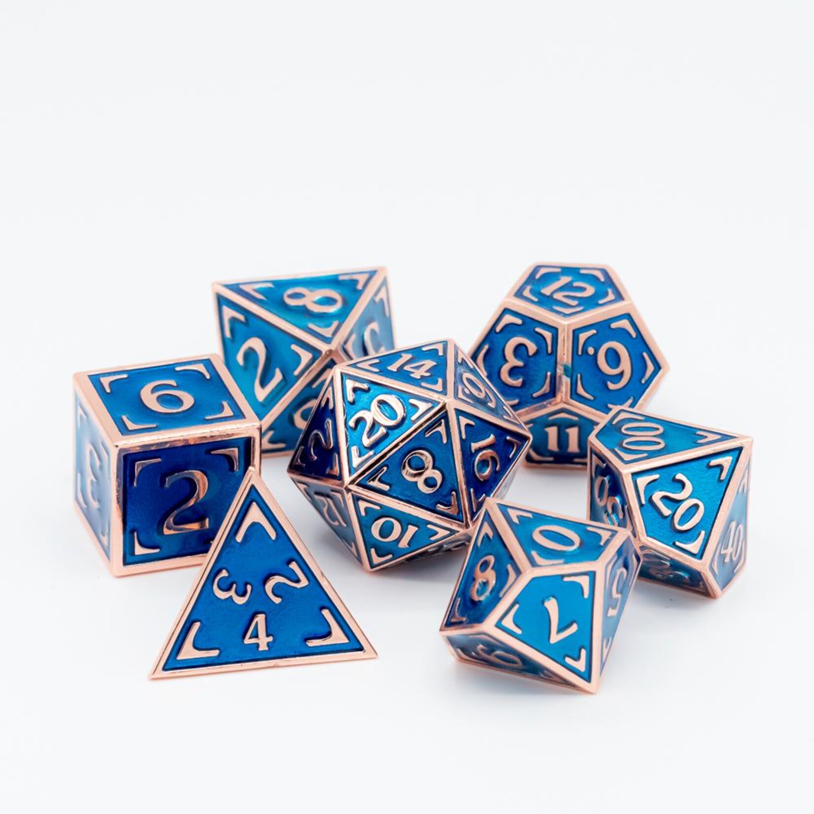 Die Hard Dice Die Hard Reticle Uchronia Nautilus Blue with Copper Metal Polyhedral 7 die set