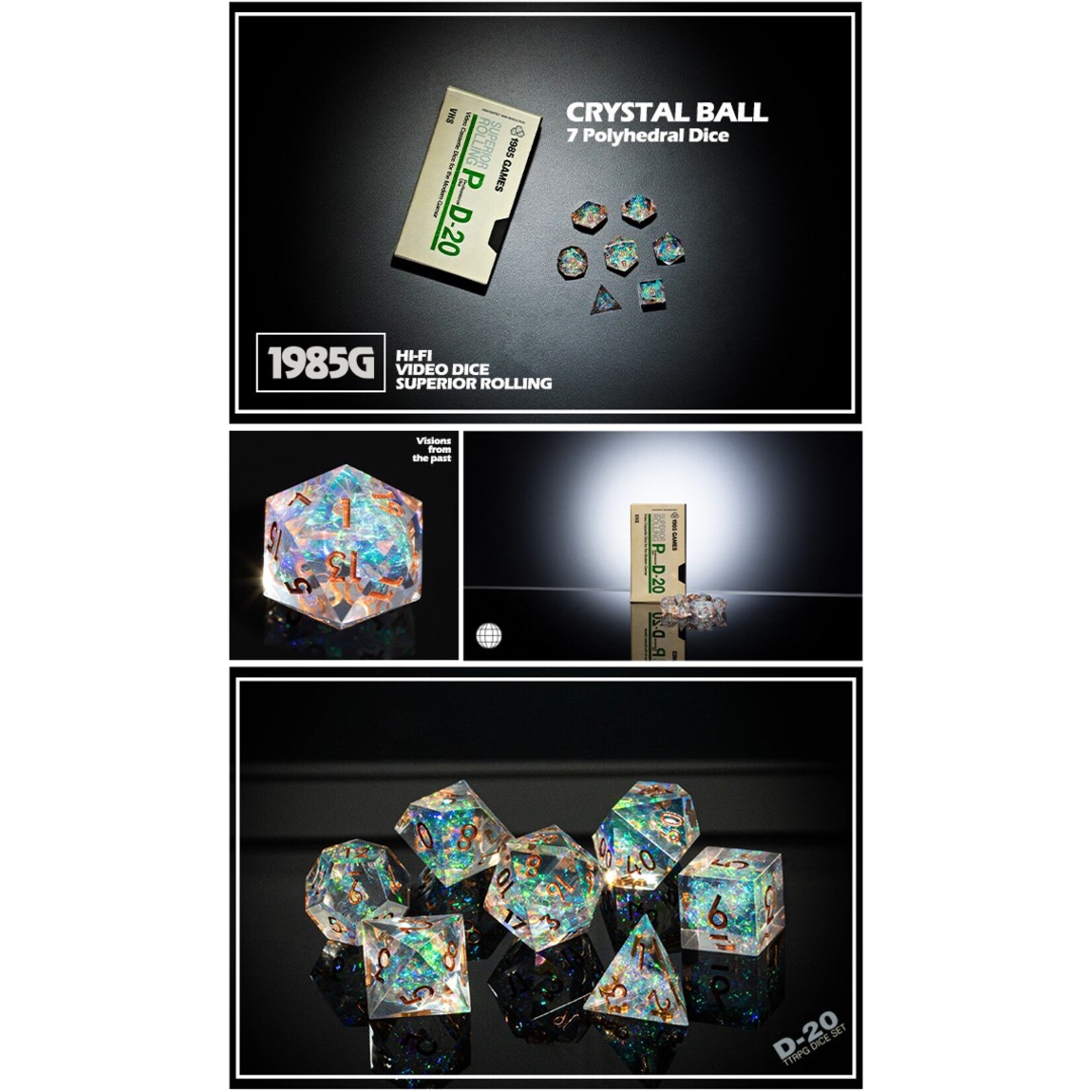 1985 Games 1985 VHS Crystal Ball Sharp Edge Dice Polyhedral 7 die set