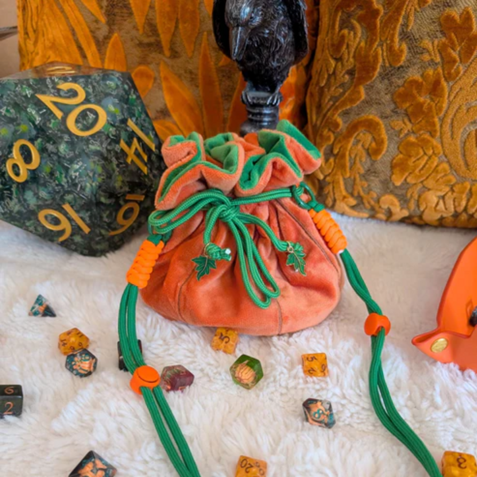 Fennek and Finch Pumpkin Plush Cozy Orange and Green Multipocket Large Dice Bag