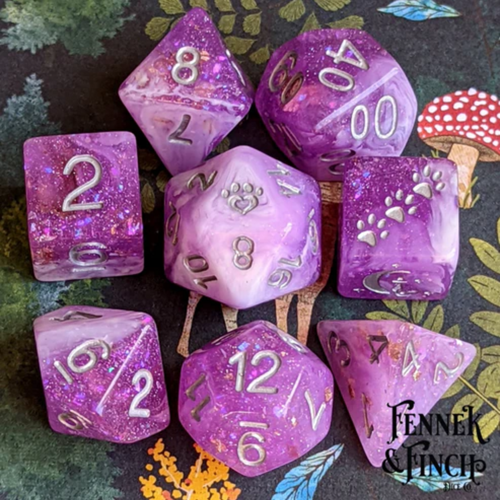 Fennek and Finch Iris Clear Purple Glitter Foil White Marbled Cat Wizard Polyhedral 8 die set