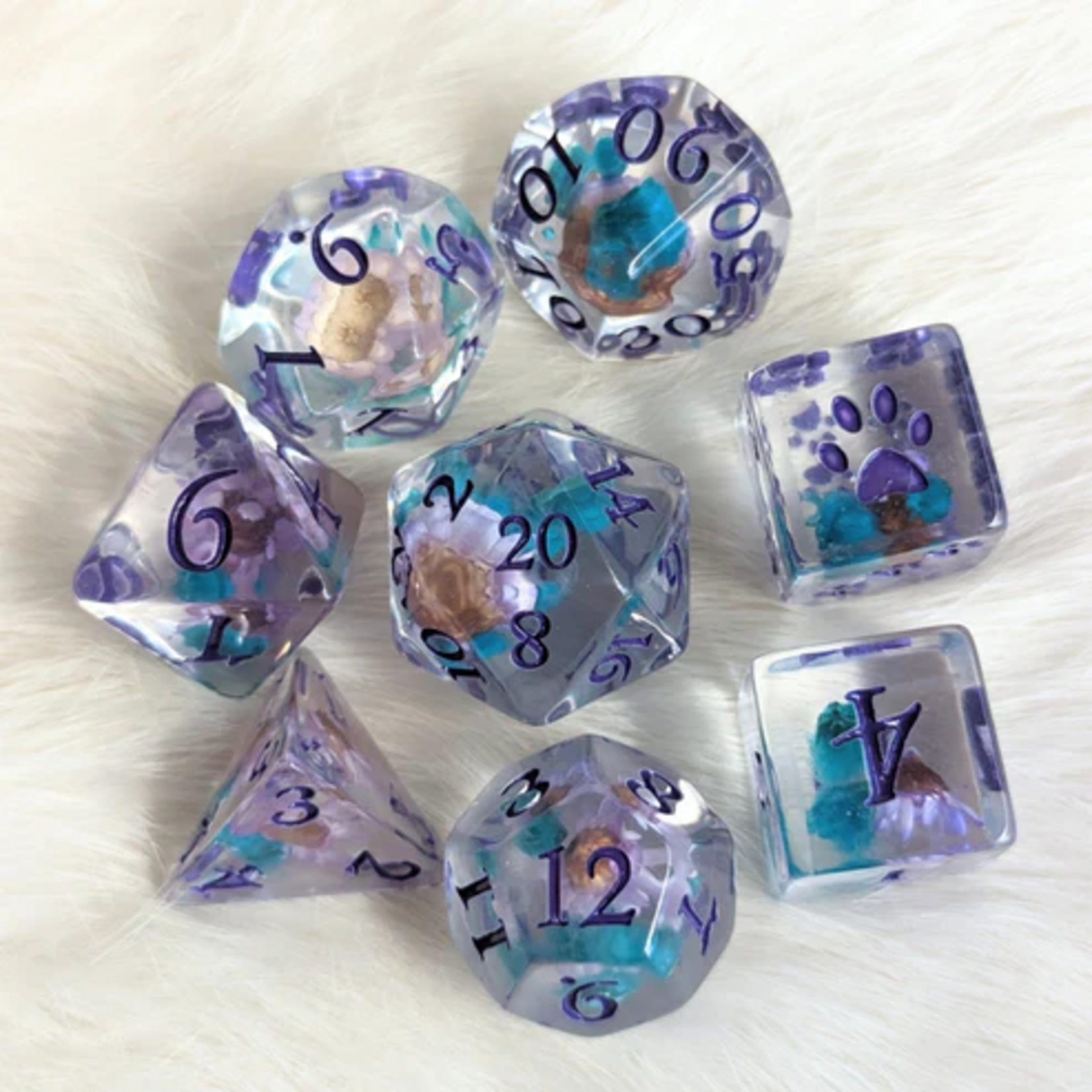 Fennek and Finch Purple and Blue Flower Polyhedral 8 die set