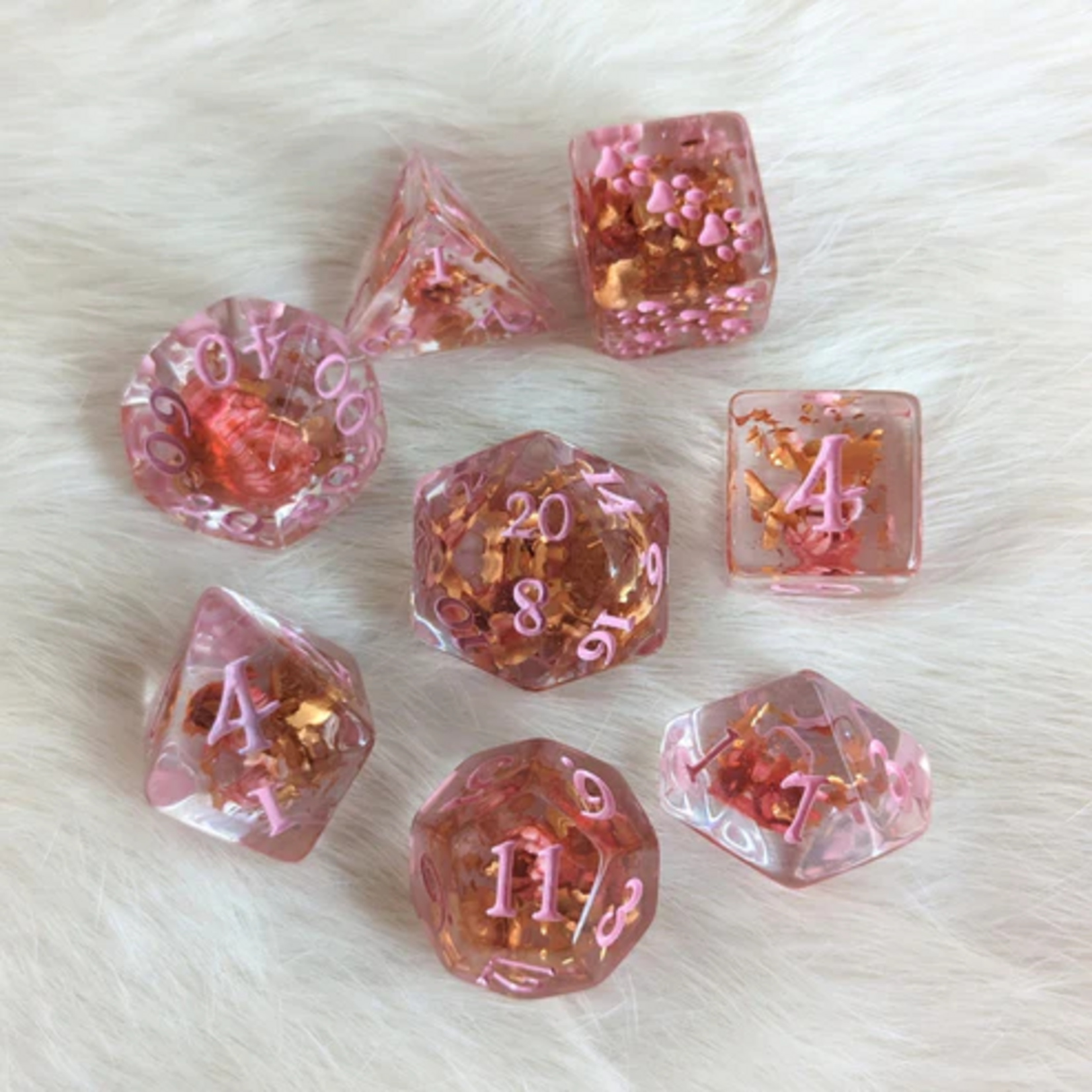 Fennek and Finch Pink Flowers and Copper Polyhedral 8 die set