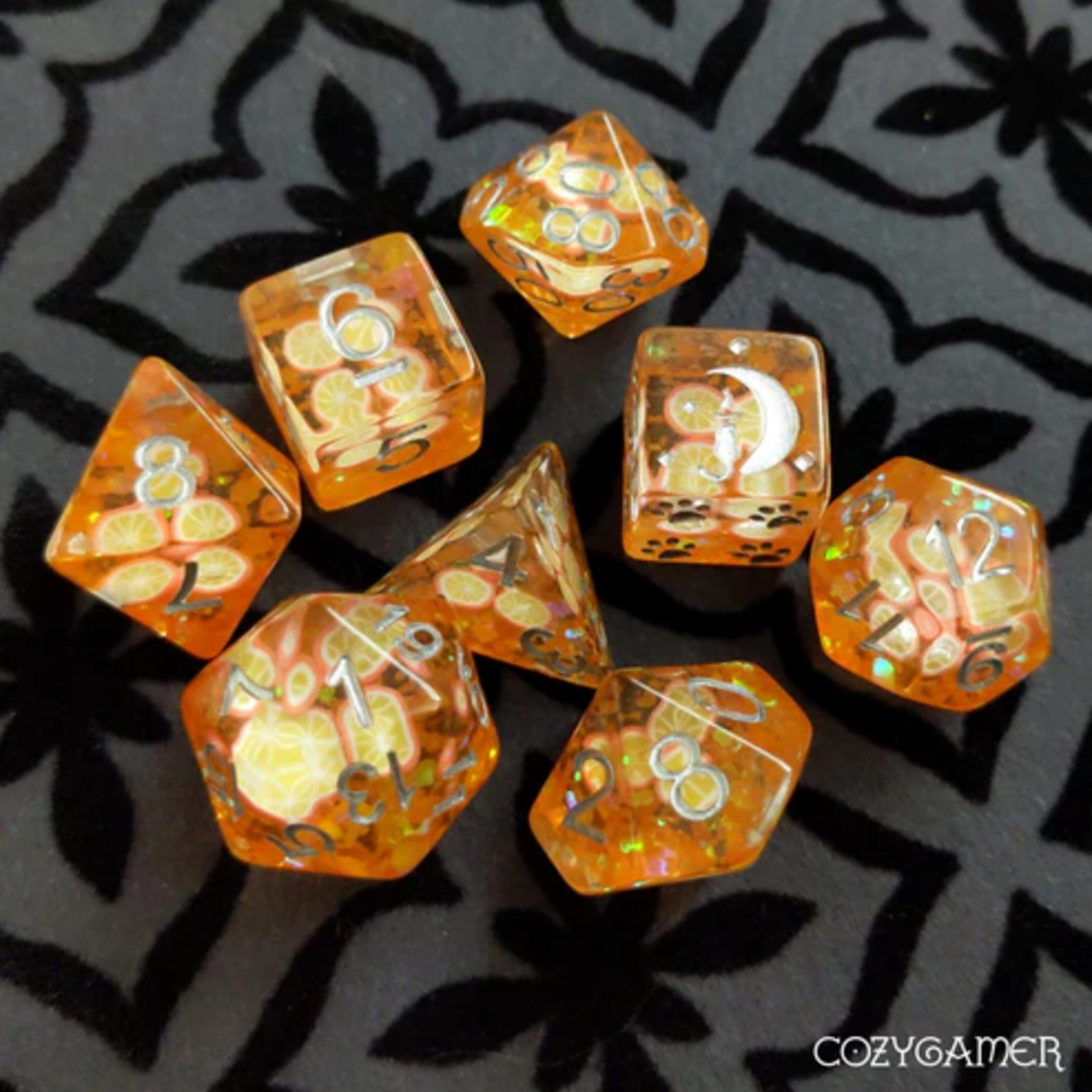 Fennek and Finch Orange Fruit Slice Polyhedral 8 die set