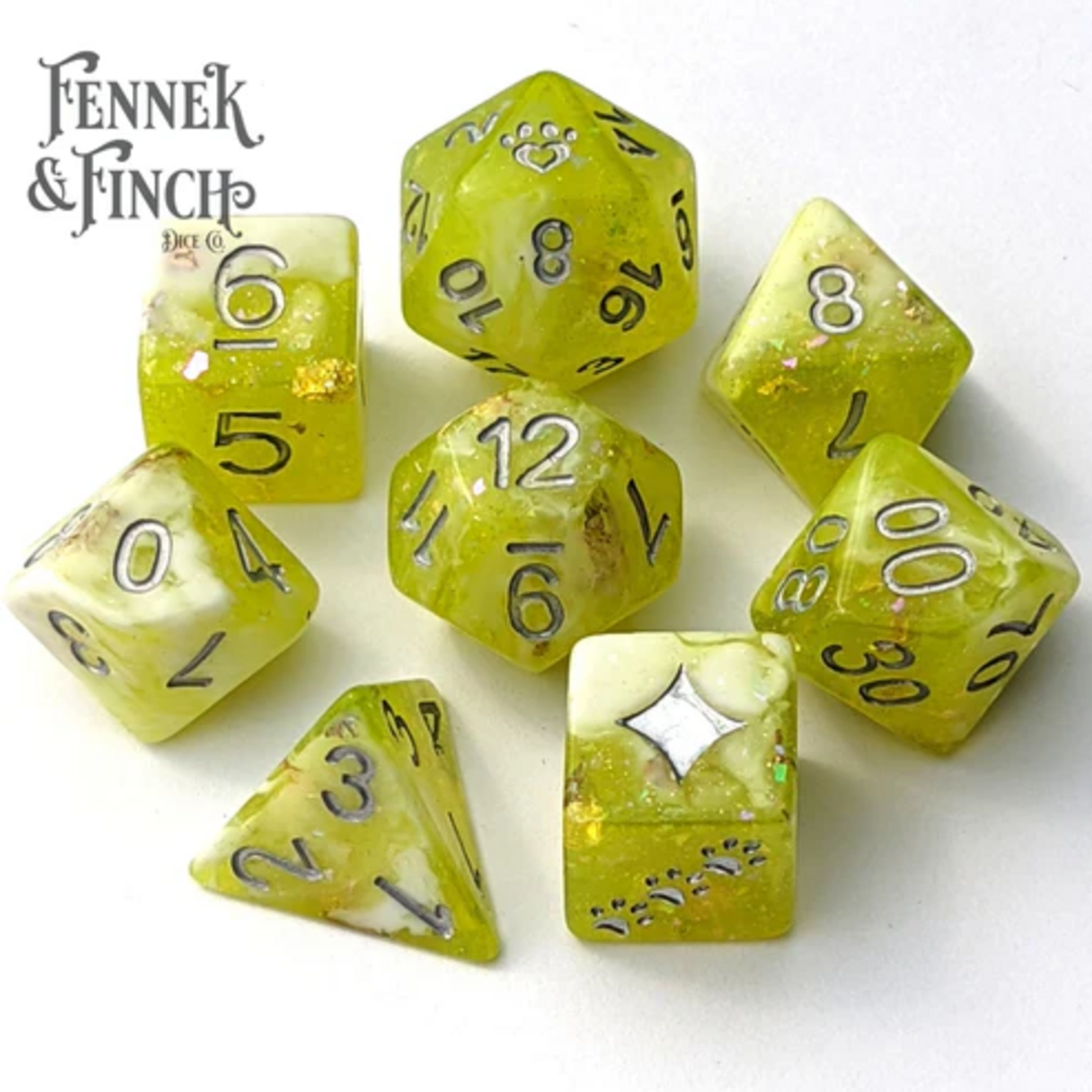 Fennek and Finch Lichen Clear Green White Marbled Cat Wizard Polyhedral 8 die set