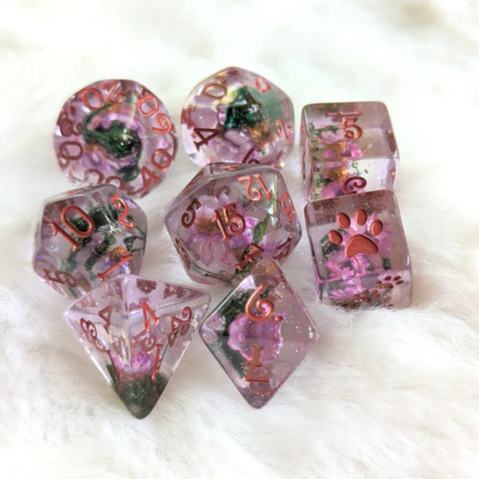 Fennek and Finch Purple Flowers and Moss Botanical Polyhedral 8 die set