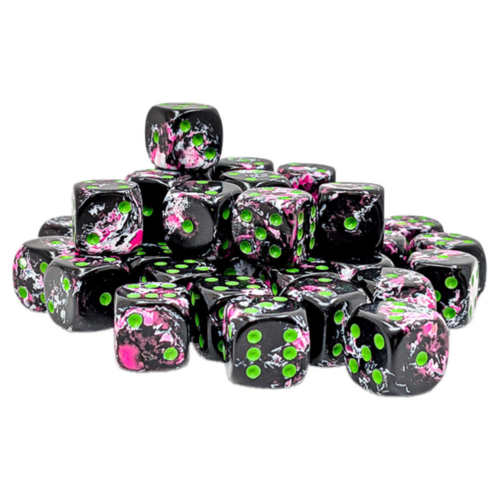 Chessex Chessex Brush Paintball Black and Pink w/ Green 12 mm d6 36 die set