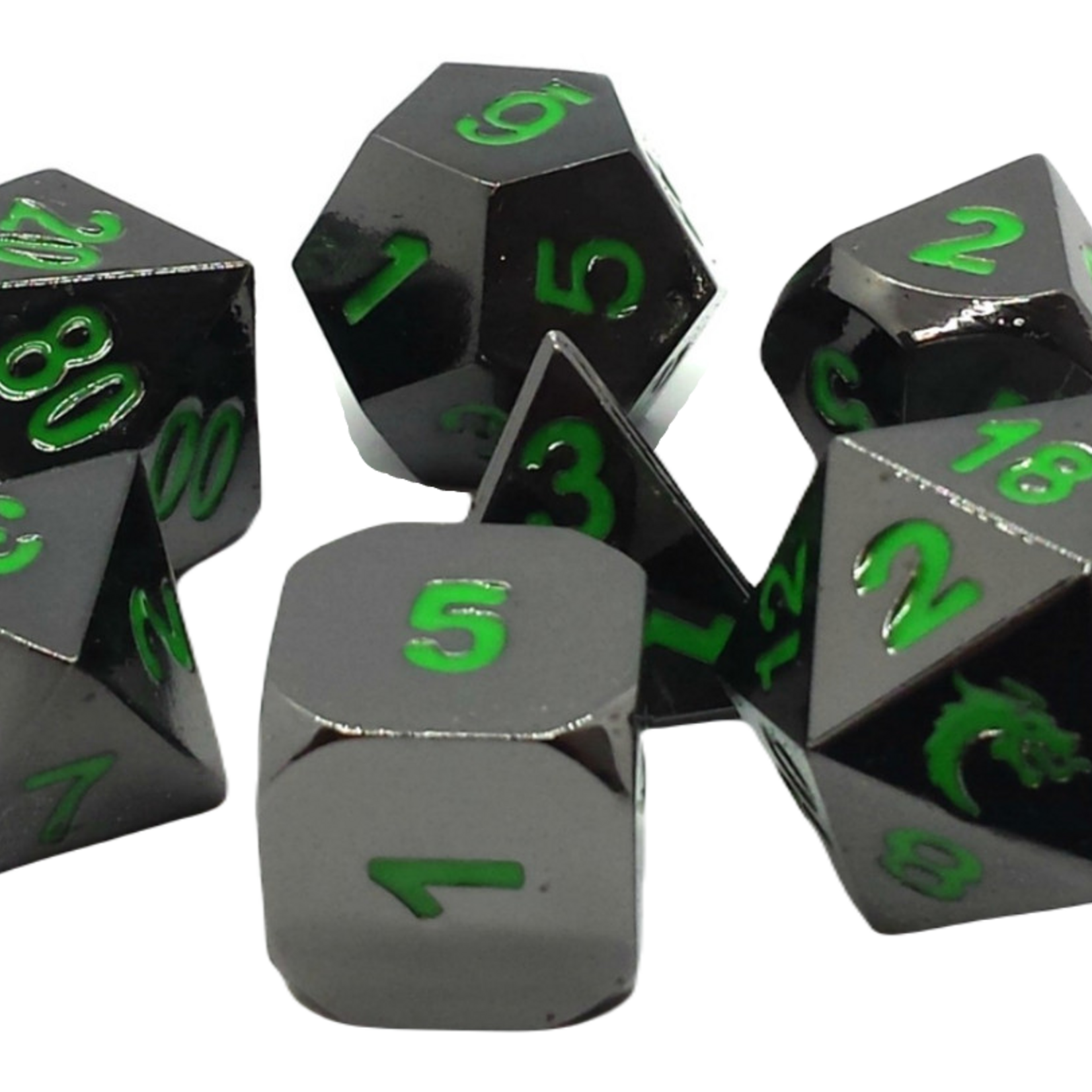 Old School Dice Old School Halfling Forged Black Nickel w/ Green Metal RPG Dice 7 die Set