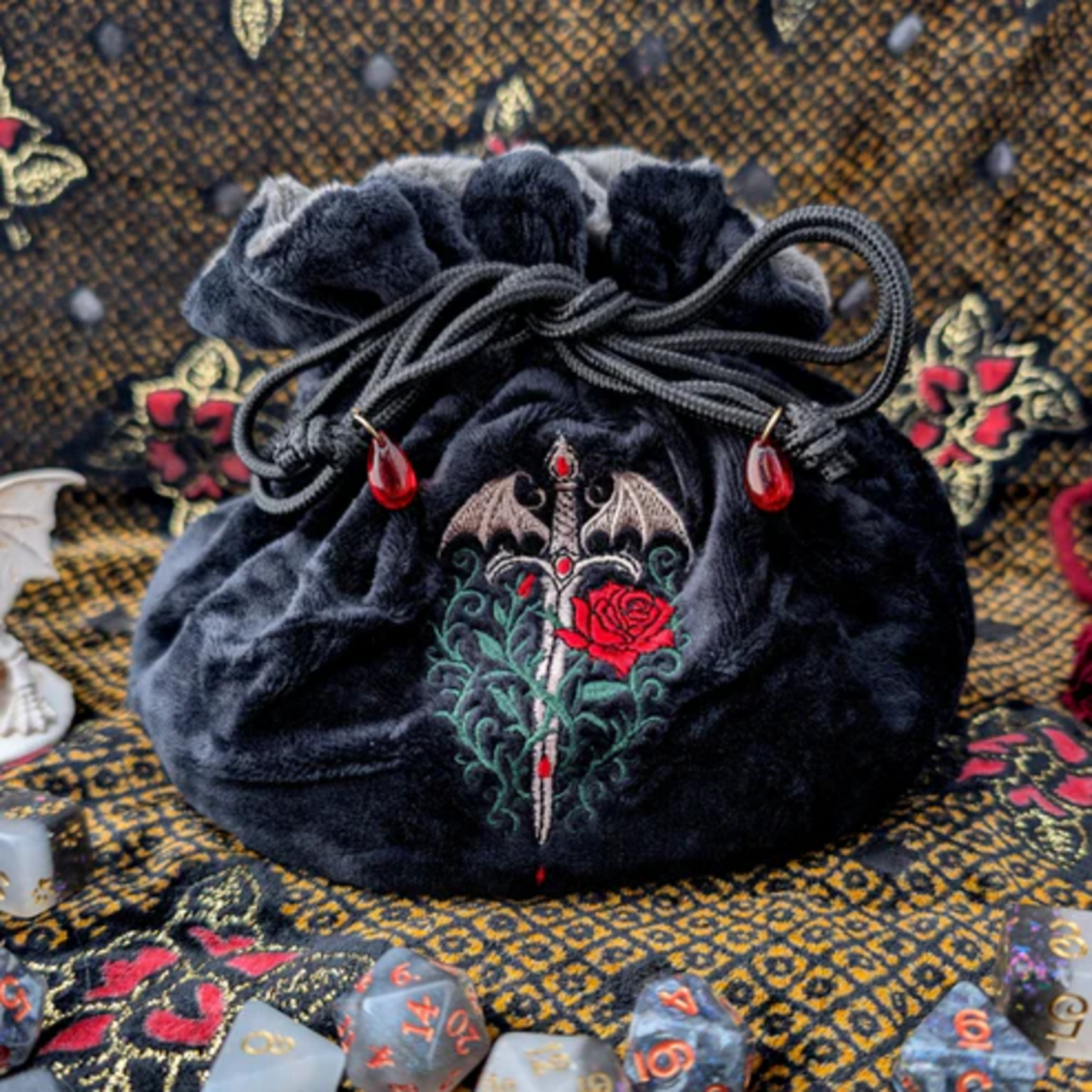 Fennek and Finch Vampire Plush Dice Bag Black and Dark Grey Embroidered Drawstring Pouch