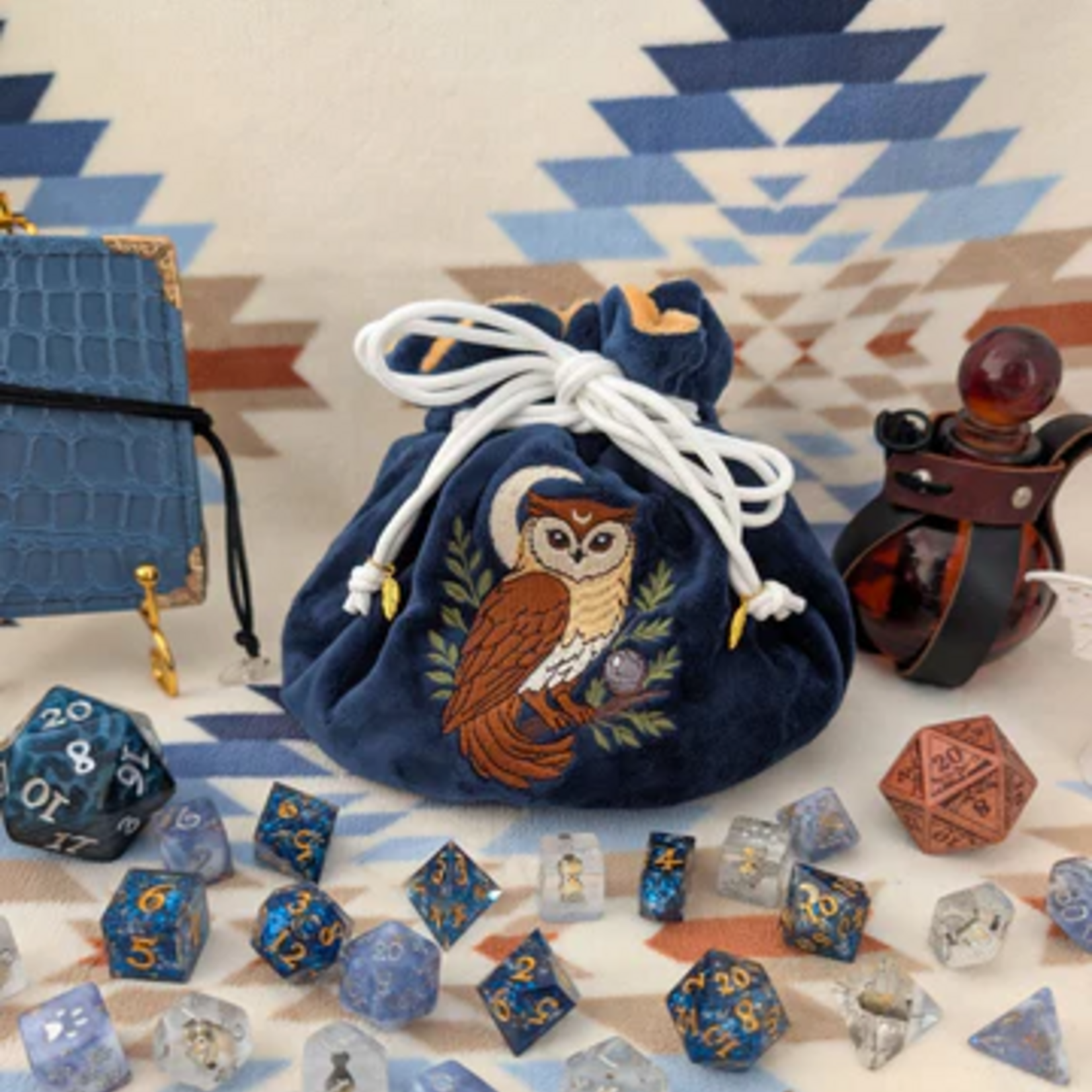 Fennek and Finch Owl Plush Dice Bag Navy Blue and Auburn Embroidered Drawstring Pouch