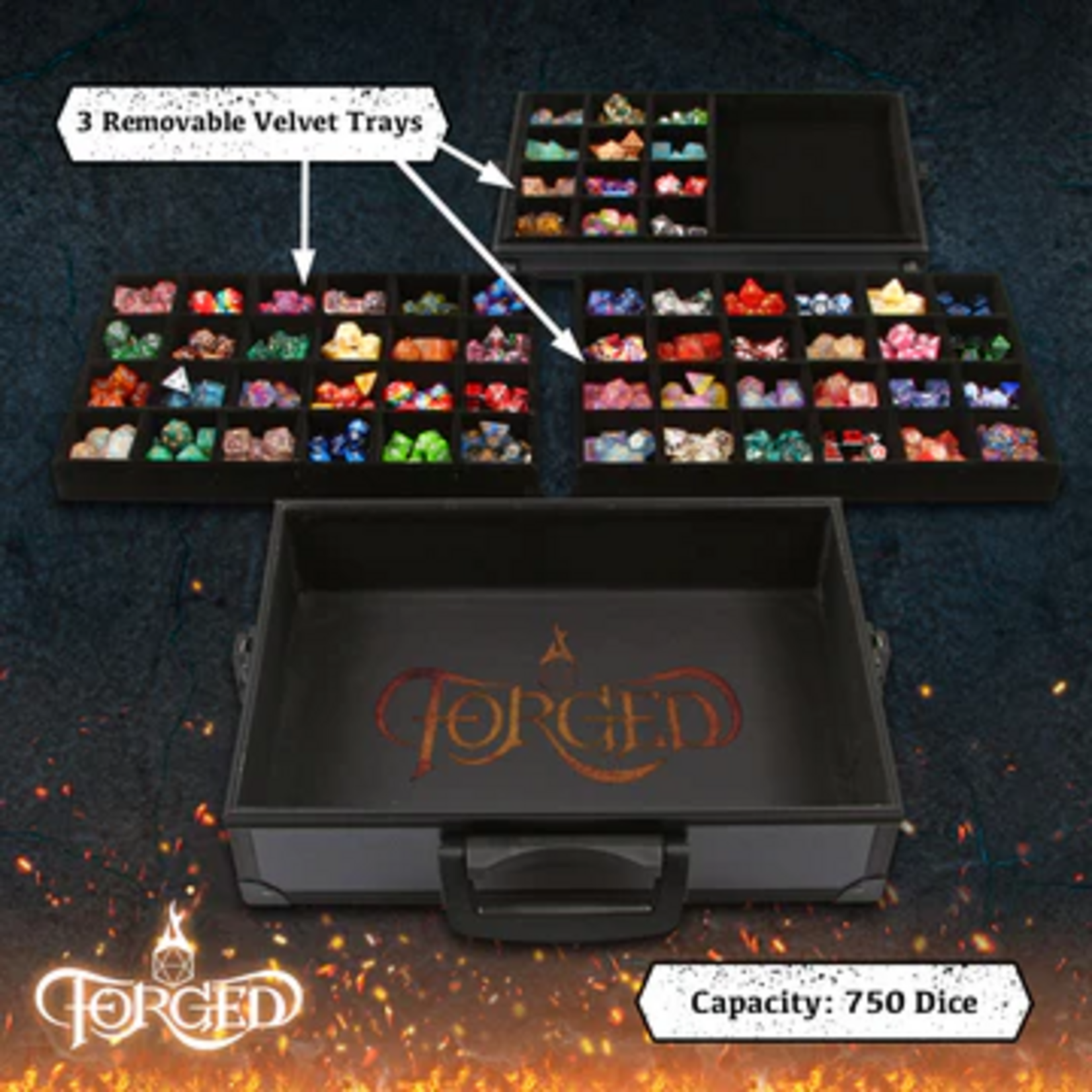 Forged Forged Dice Display Case and Rolling Tray with 3 Removable Divided Dice Trays