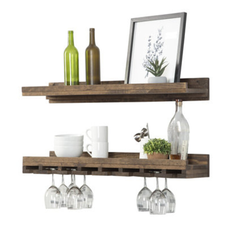 Charla Solid Wood Wall Mounted Wine Glass Rack Finish: Dark Walnut, Size: 4.25" H x 36" W x 10" D