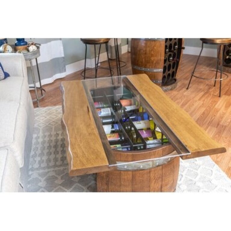 Live Edge and Glass Coffee Table with Wine Storage