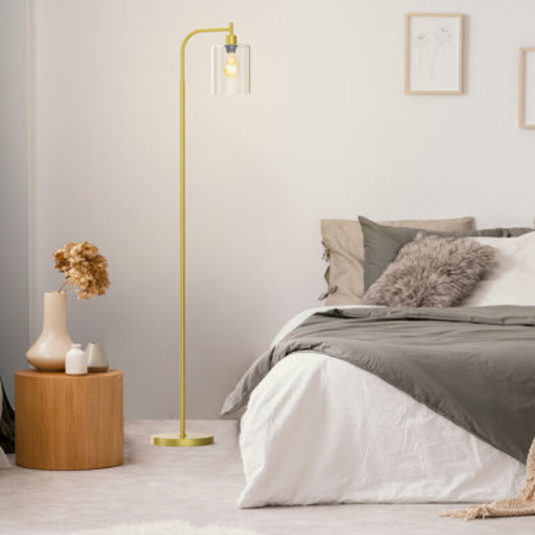 Rogan Modern Standing Tall Industrial Arched/Arc Floor Lamp with Glass Shade and 2 Bulbs Included Base Finish: Gold