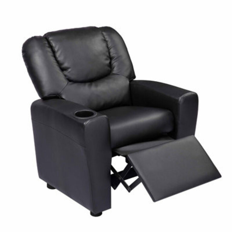 Neftaly Kids Push Back Recliner Chair with Footrest and Cup Holder Upholstery Color: Black