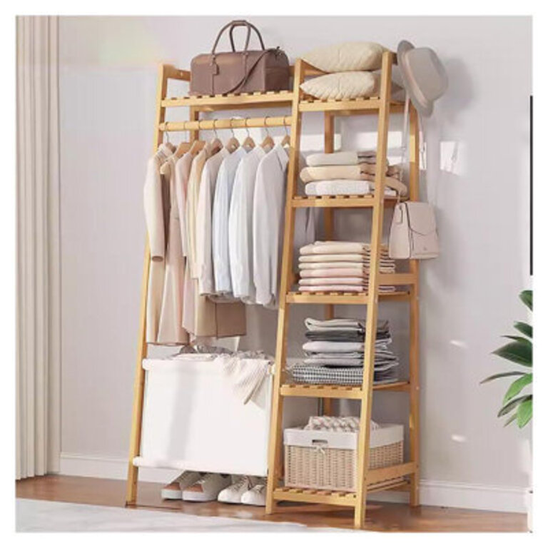 Bamboo 32" W Garment Rack with Hanging Rod ,Storage Shelves and Bag Color: Nature