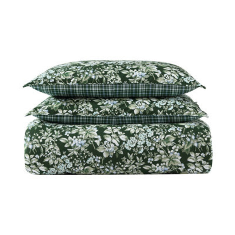 Laura Ashley Bramble Floral Cotton Green 7 Piece Duvet Cover Bonus Set, King Size: Queen Duvet Cover + 4 Shams + 2 Throw Pillows