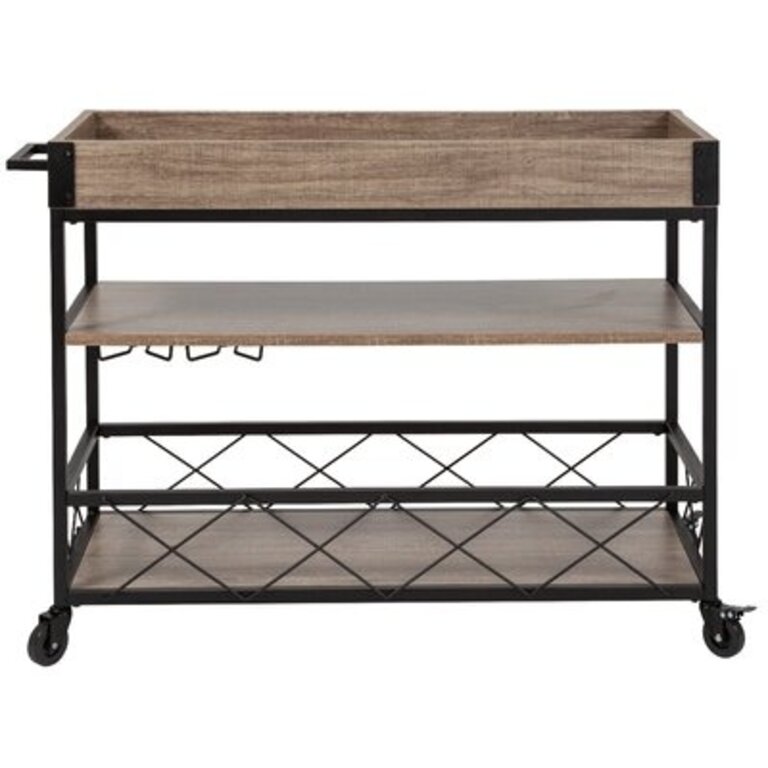 Netto Aged Lt Oak Wood Kitchen Bar Cart with Stemware Rack & Panel Border Bottom Shelf