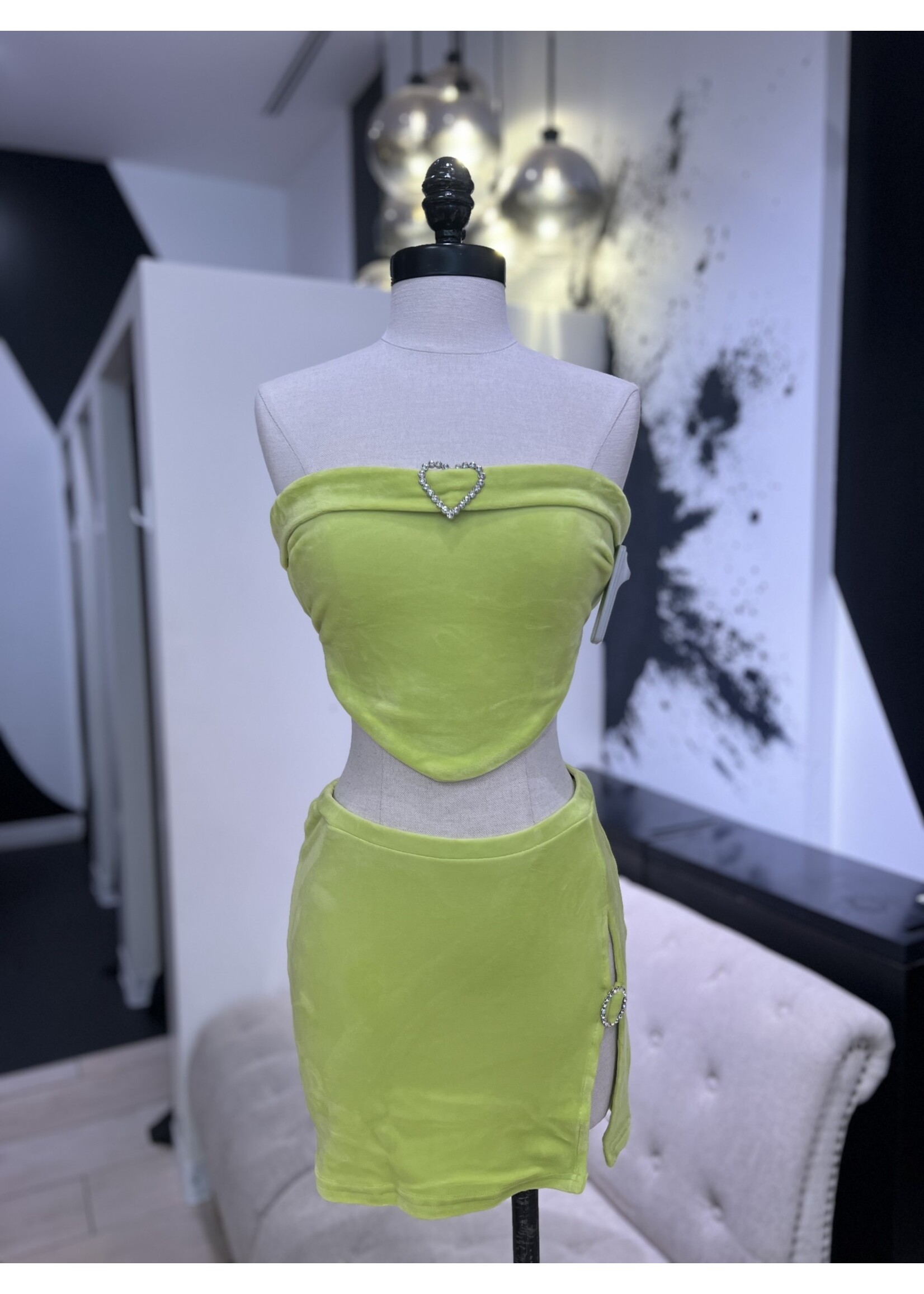 LEXISSBOUTIQUE velvet bling heart back tie top & skirt set