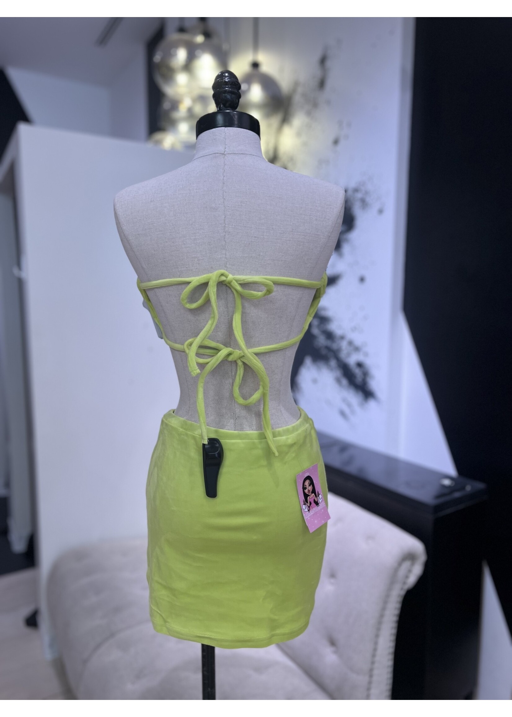 LEXISSBOUTIQUE velvet bling heart back tie top & skirt set