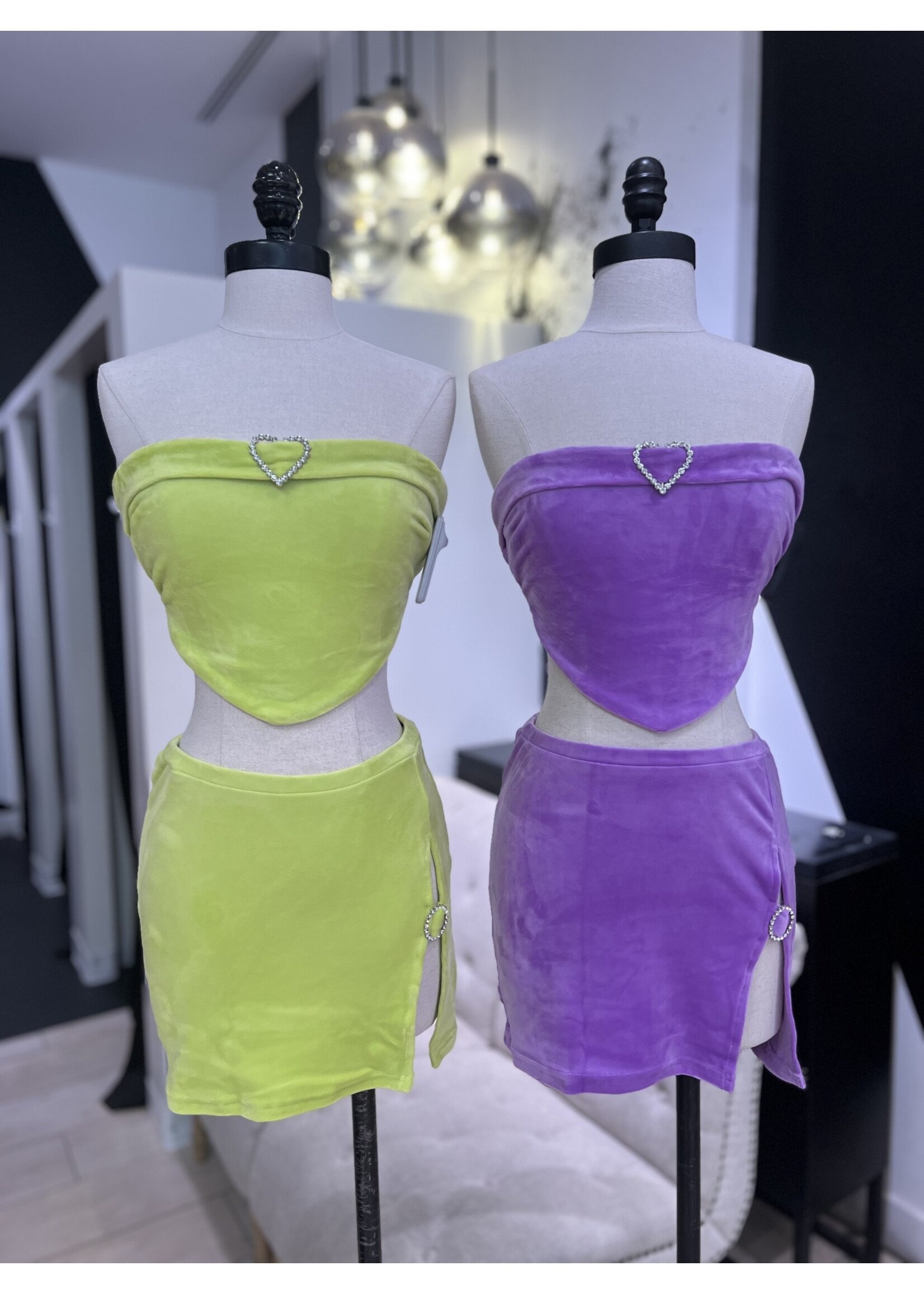 LEXISSBOUTIQUE velvet bling heart back tie top & skirt set