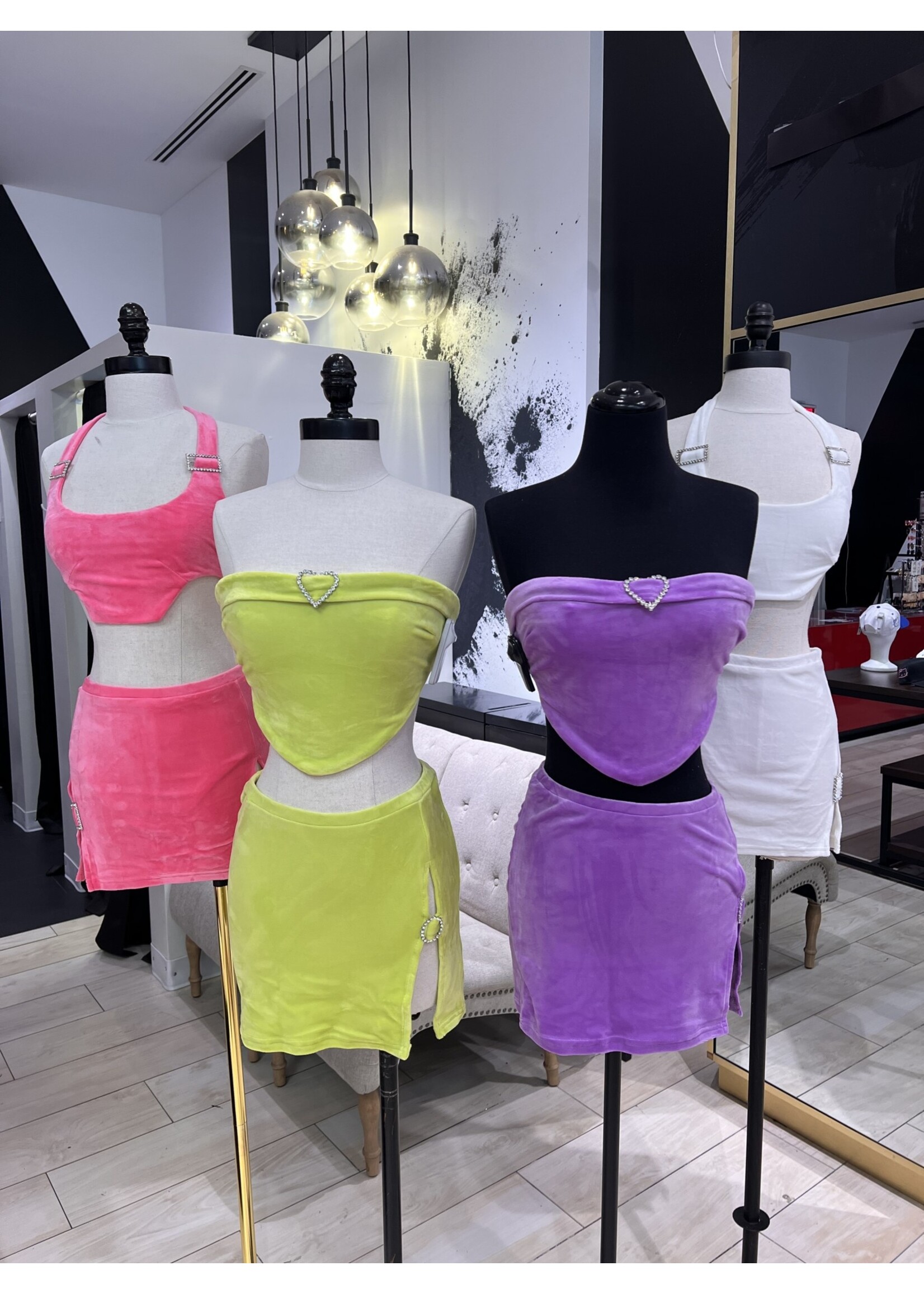 LEXISSBOUTIQUE velvet bling heart back tie top & skirt set