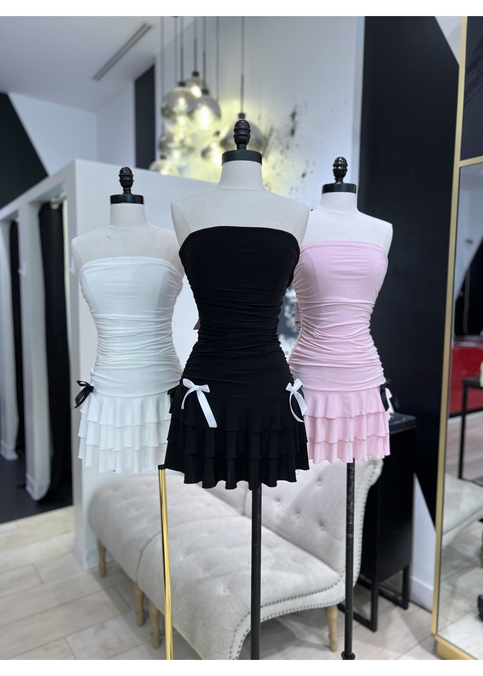 LEXISSBOUTIQUE Coquette strapless ruched ruffled mini dress