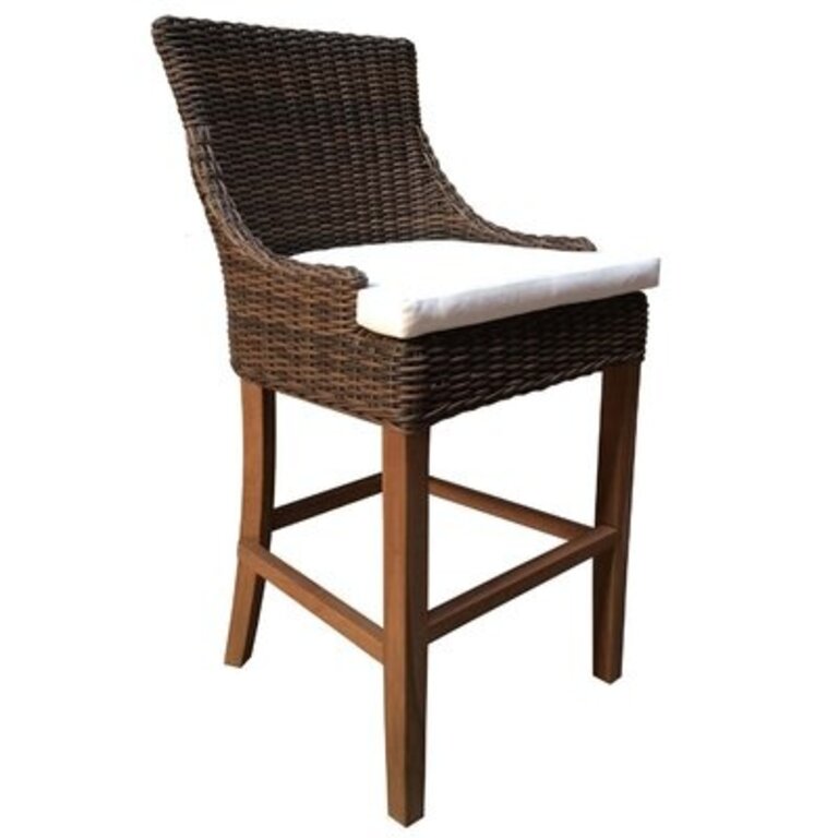 Ennis Teak Patio Bar Stool with Cushion Frame Color: Crocodile Rattan, Seat Height: 24"