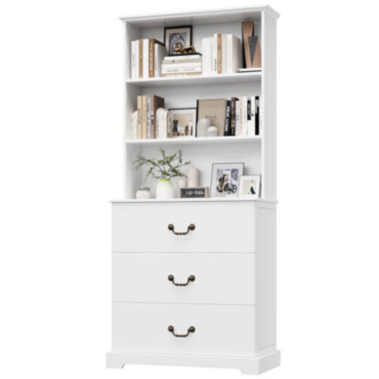 71"H  Tall Bookcase with 3 Drawers Color: White
