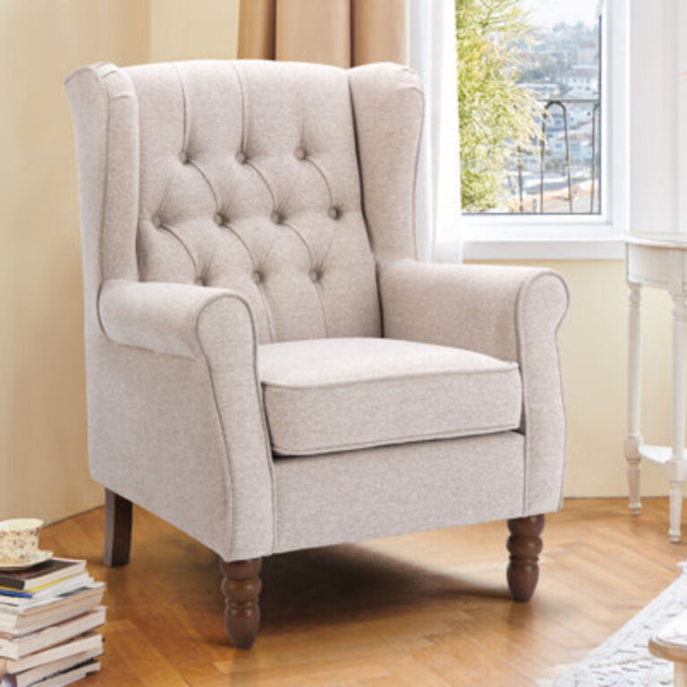 Button-Tufted Small Wingback Accent Chair with Rolled Arm and Thick Padded Cushion Fabric: Beige Polyester