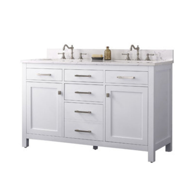 Saur 54'' Free-standing Double Bathroom Vanity with Engineered Stone Vanity Top Base Finish: White, Hardware Finish: Brushed Nickel