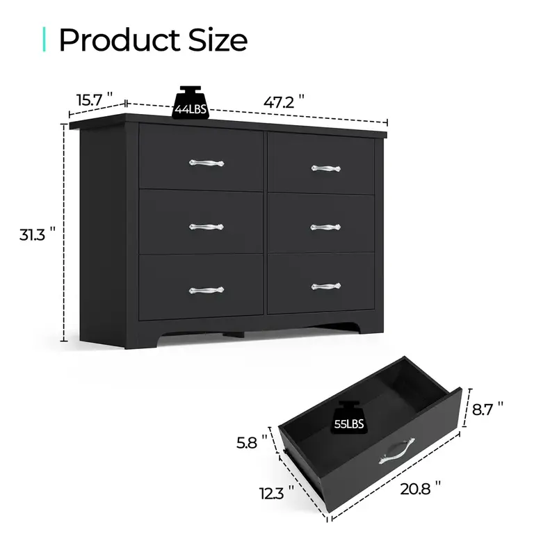 Antasek 6 Drawer 47.2'' W Double Dresser Color: Black