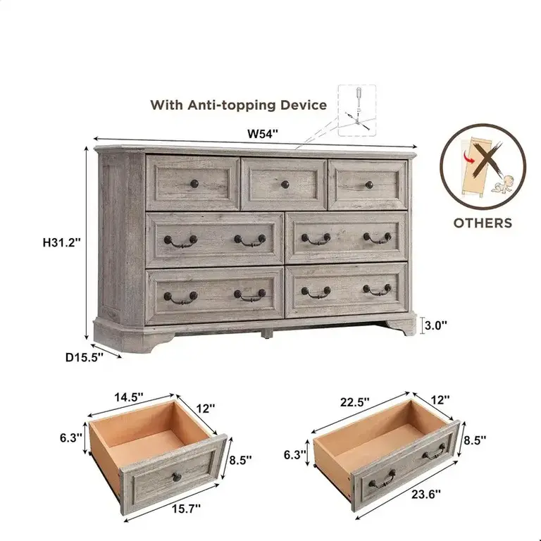 Armaan Vintage Farmhouse 7 Drawers Dresser Color: Light Rustic Oak