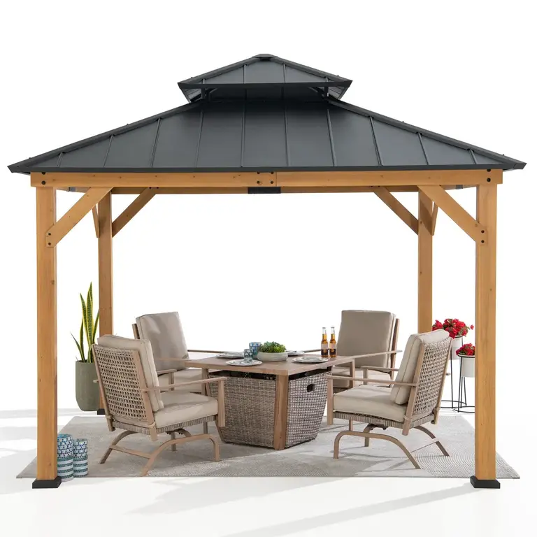 Sunjoy Hardtop Gazebo 11 x 11 ft. Standard Cedar Framed Wood Gazebo with Brown Steel and Polycarbonate