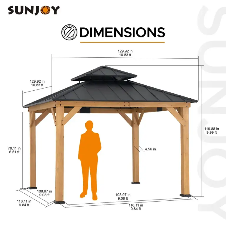 Sunjoy Hardtop Gazebo 11 x 11 ft. Standard Cedar Framed Wood Gazebo with Brown Steel and Polycarbonate