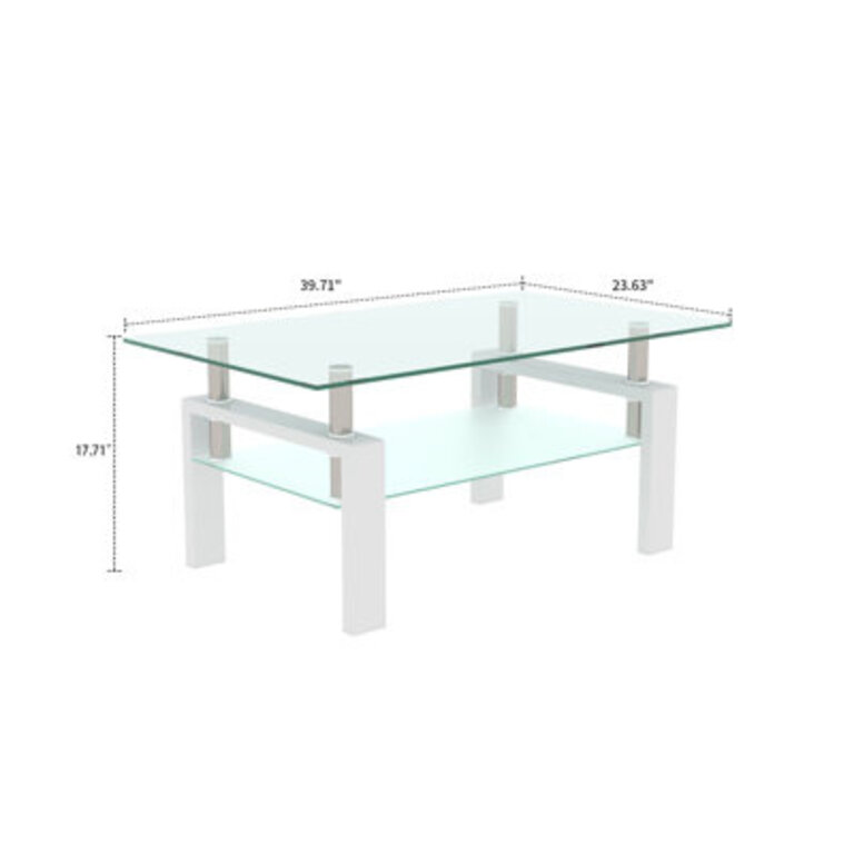 Minimalist style Rectangle Coffee Table with Glass  tabletop and double layer storage space Table Top Color: Transparent, Table Base Color: White