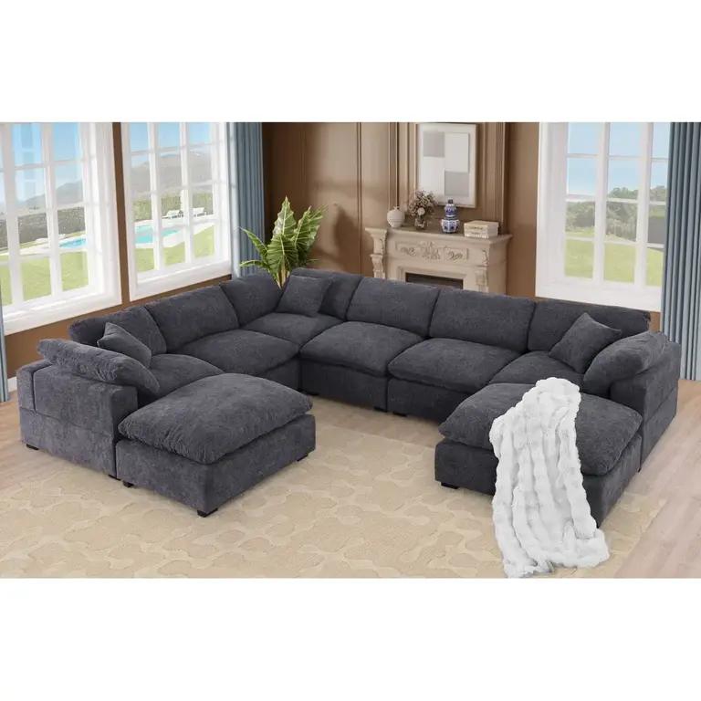 Worthland 143.2" Wide Chenille Reversible Corner Sectional Sofa Couch(8- Piece) Body Fabric: Dark Gray Chenille