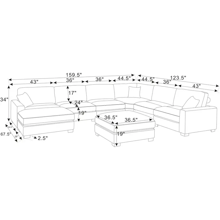 Worthland 143.2" Wide Chenille Reversible Corner Sectional Sofa Couch(8- Piece) Body Fabric: Dark Gray Chenille