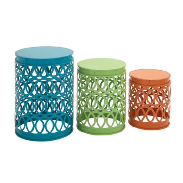 Metal Indoor Outdoor Nesting Side End Accent Table with Carved Trellis Design Color: Blue/Green/Orange