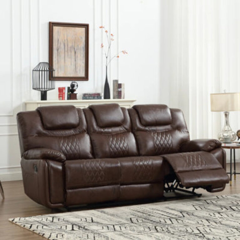 Jepum 86.6" Top-Grain Genuine Leather Manual Reclining Sofa, 3-Seater Spacious Recliner Couch Upholstery Color: Espresso