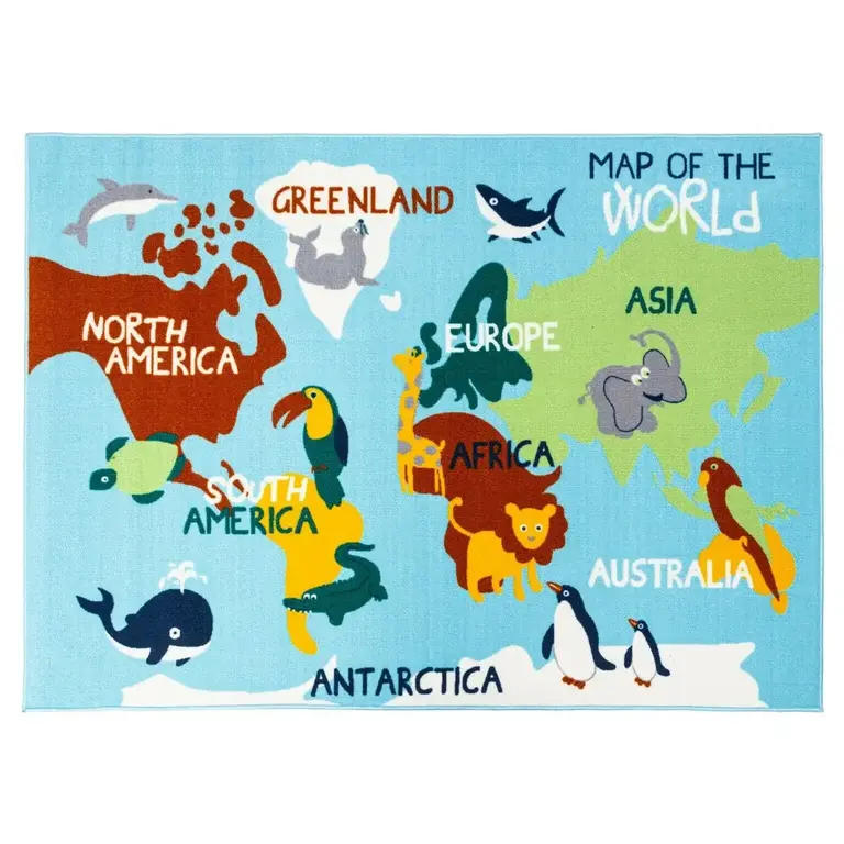 World Map Continents Blue Kids Fun Play Mat Educational Reversible Area Rug 31" X 58" (Inches)